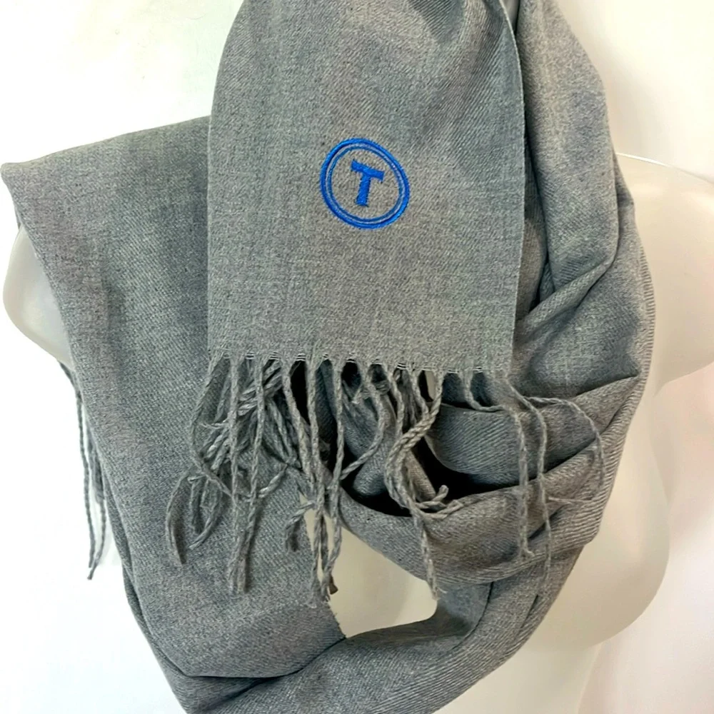 EUC Twillory soft gray scarf with fringe w/blue embroidered signature T unisex